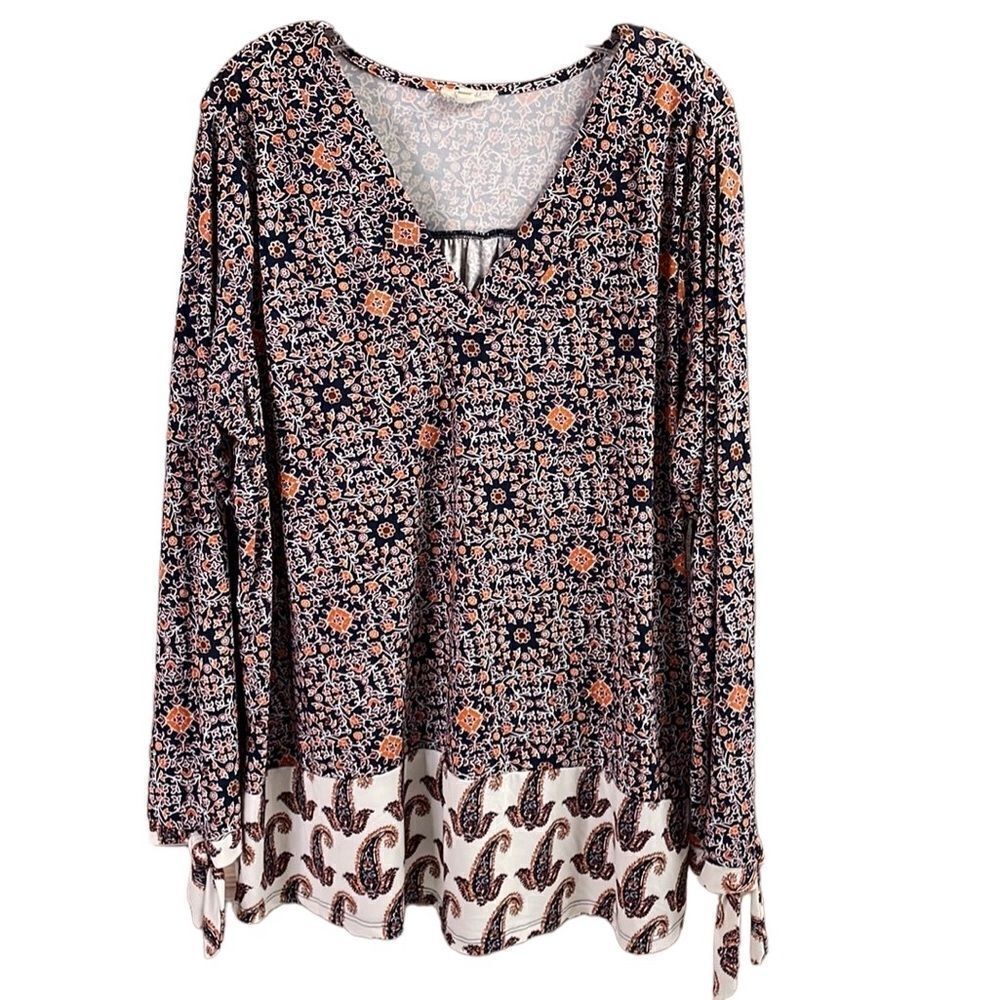 COMO BLUE Womens Plus Size 2X Long Sleeve VNeck Floral Top Blouse Black Rust